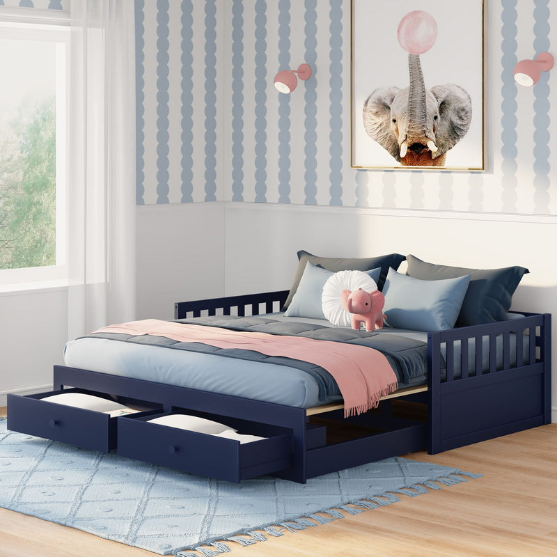 Navy blue twin daybed with under-bed storage drawers in bright children's bedroom with blue bedding, pink throw, plush elephant toy, elephant wall art and scallop-pattern wallpaper