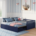 Navy blue daybed with trundle storage drawers and blue bedding in a kids bedroom, pink elephant plush toy and elephant wall art, scalloped patterned wallpaper and light wood floor