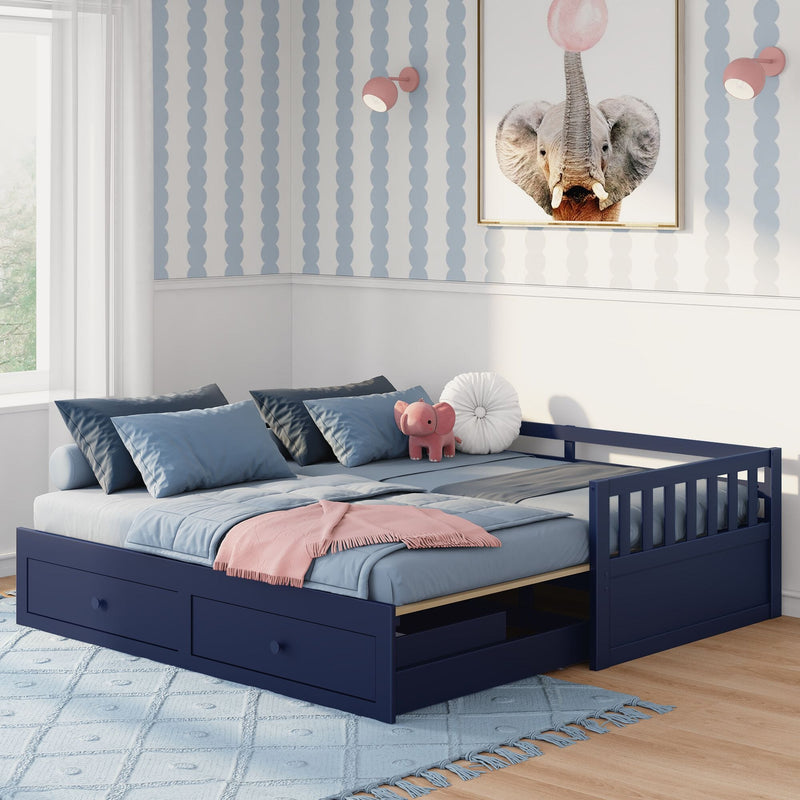 Navy blue daybed with trundle storage drawers and blue bedding in a kids bedroom, pink elephant plush toy and elephant wall art, scalloped patterned wallpaper and light wood floor