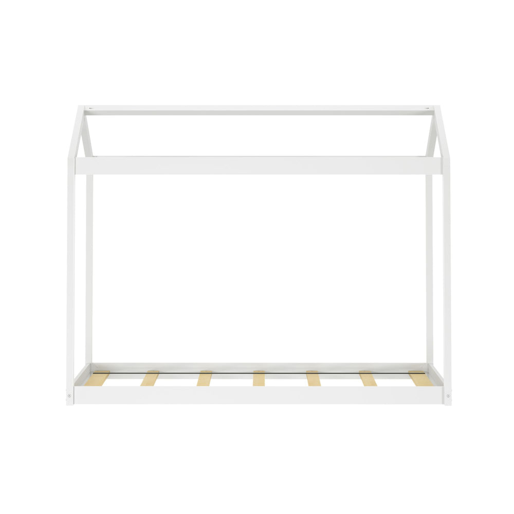 House-shaped white metal bed frame for kids with wooden slats.