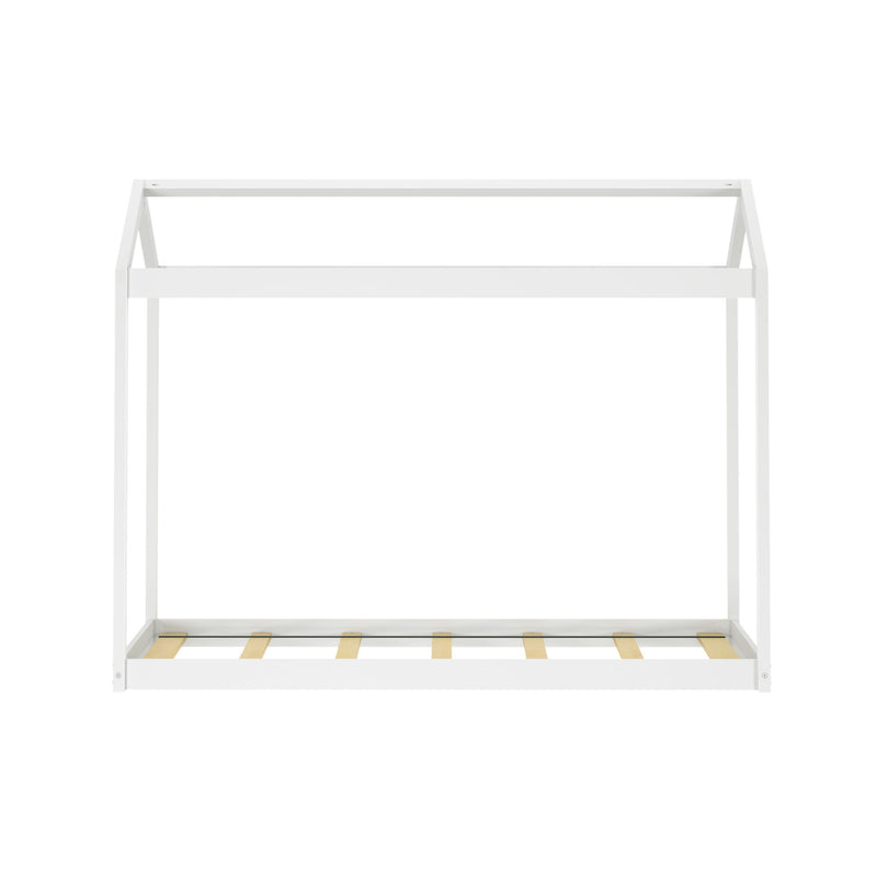 House-shaped white metal bed frame for kids with wooden slats.