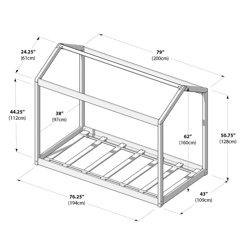 Diagram of a metal frame bed structure with dimensions including height, width, and length in inches and centimeters, ideal for optimizing bedroom space.