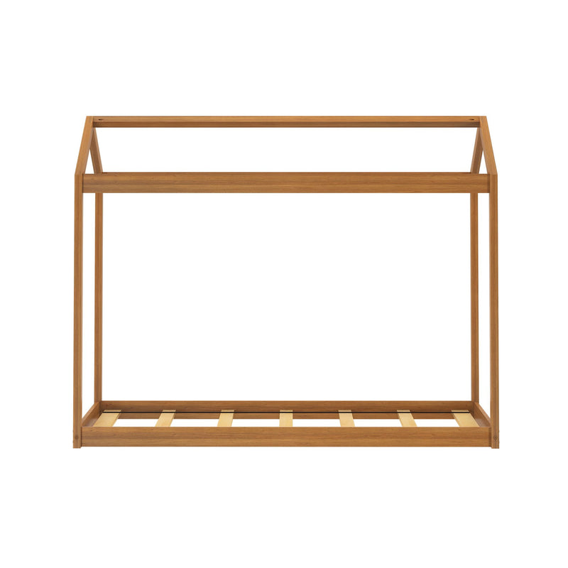 Minimal wooden canopy bed frame with slatted platform base and natural wood finish, modern four-post platform bed on white background