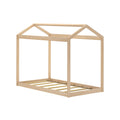 Light natural wood house-shaped twin bed frame with peaked roof canopy and slatted mattress base, minimalist kids bedroom furniture