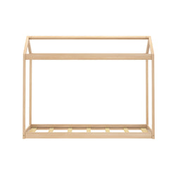 Minimalist wooden house-shaped bed frame for children's bedroom decor.