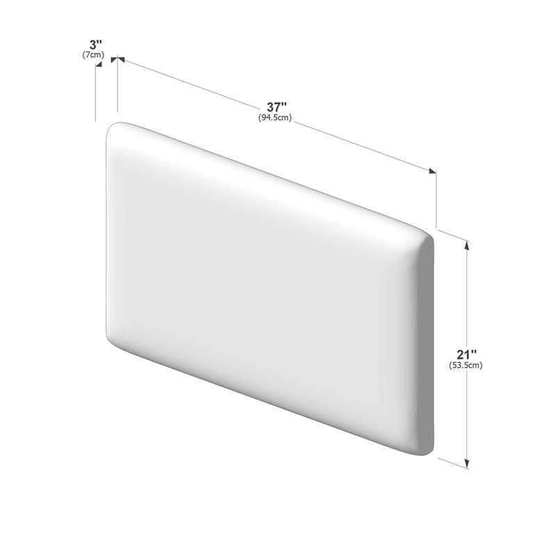 White upholstered padded headboard, 37 in (94.5 cm) wide x 21 in (53.5 cm) tall x 3 in (7 cm) deep, rectangular with rounded corners shown in perspective with dimension labels, modern bedroom headboard