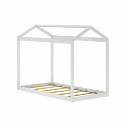 White wooden house-shaped children's bed frame with roof outline and wooden slats, minimalist modern kids' bed