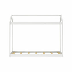White house-shaped twin bed frame with wooden slat base, minimalist modern children's bedroom furniture for kids and toddlers