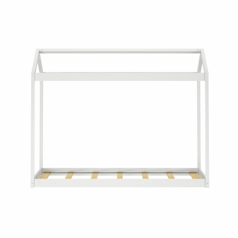 White house-shaped twin bed frame with wooden slat base, minimalist modern children's bedroom furniture for kids and toddlers