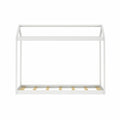 White kids' house bed frame with wooden slatted base and angled roof rails, minimalist modern children's bed for nursery or toddler room