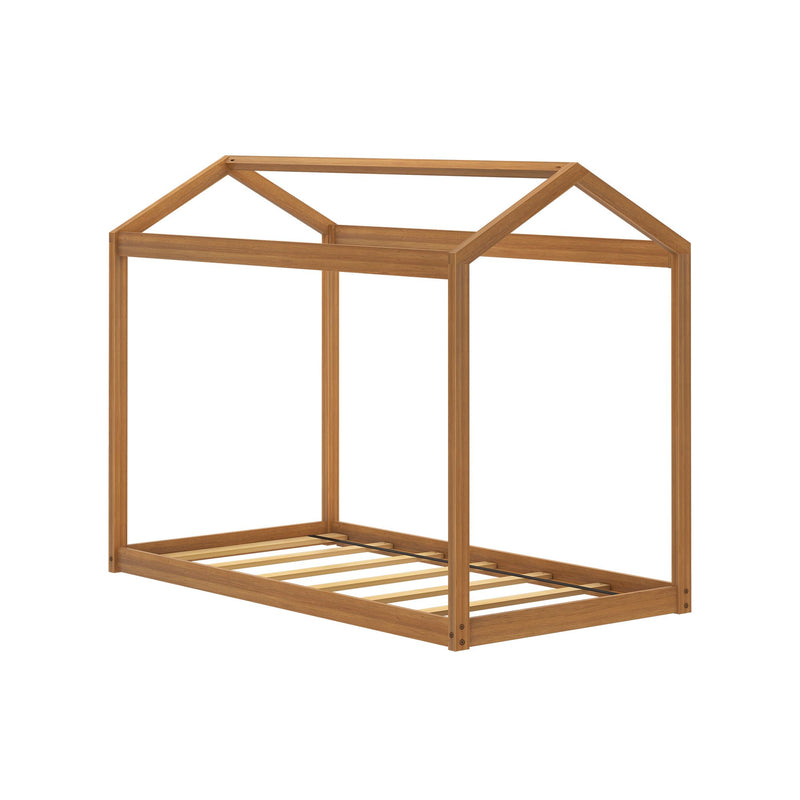 Children's house-shaped wooden bed frame with slatted base and natural wood finish, minimalist canopy design