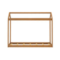 Minimalist wooden canopy bed frame with slatted platform base in natural oak finish and modern rectangular posts on a white background