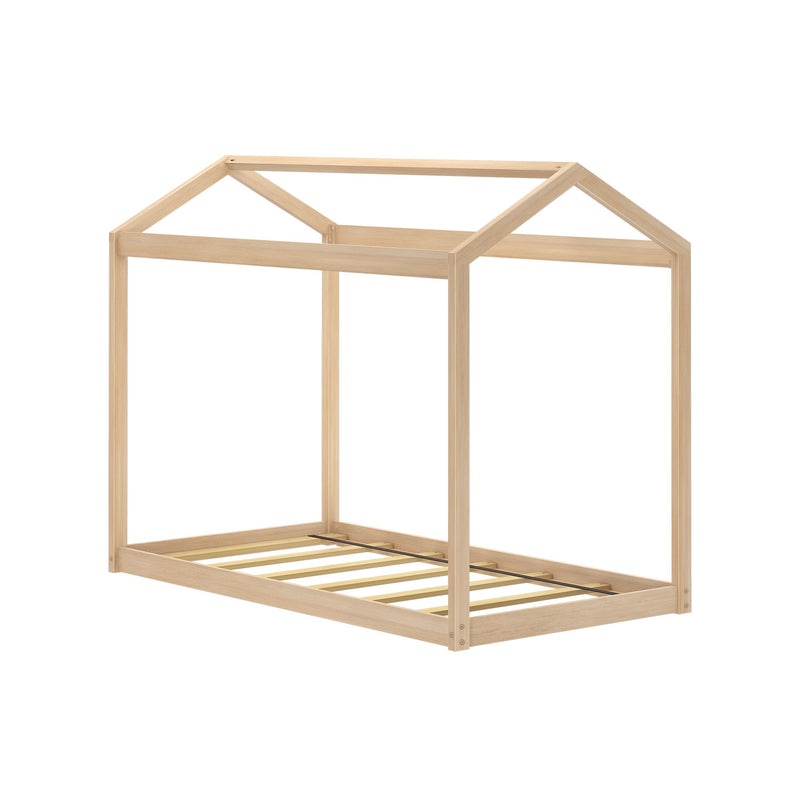 Natural wood house-shaped kids bed frame with roof-style top, slatted base and minimalist pine finish, ideal toddler or twin bedroom