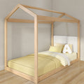 Natural wood house-frame kids bed with canopy roof and yellow bedding, modern Scandinavian toddler bed with plush letter pillow