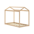 Natural wood house-shaped kids bed frame with slatted mattress base and pitched roof frame, minimalist children's bedroom furniture