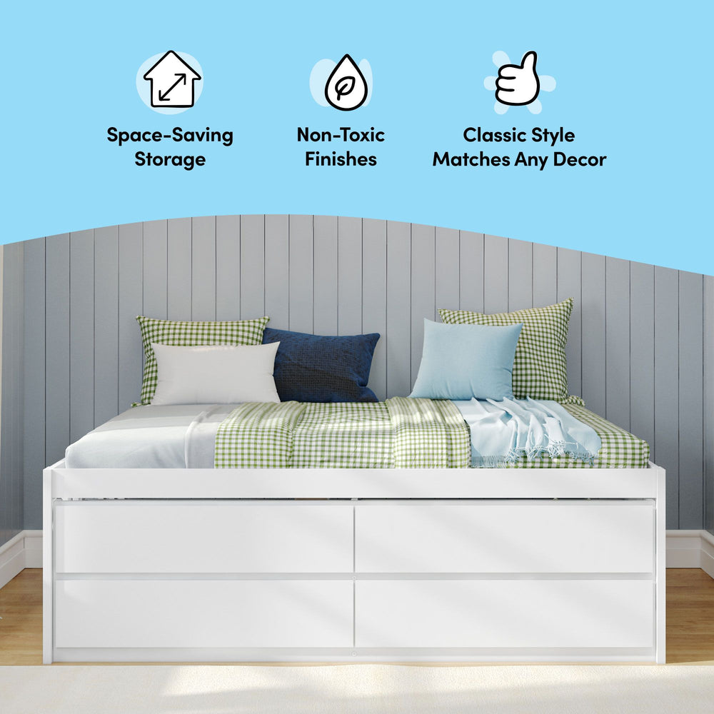 Space-saving storage bed with non-toxic finishes and classic style matching any decor.