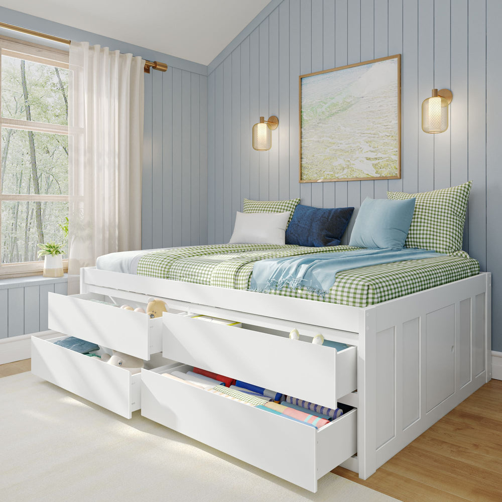 Modern white storage bed with green checkered bedding and open drawers in a cozy bedroom.
