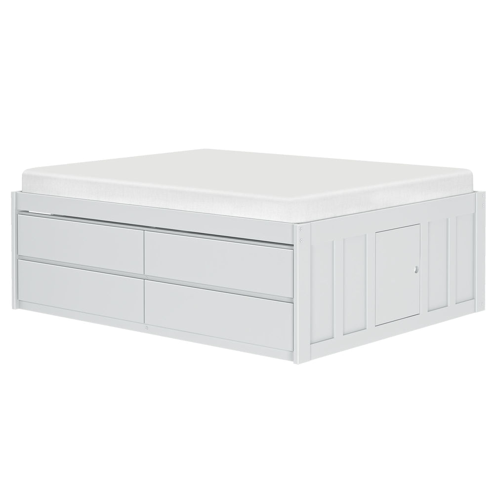 White platform bed with four storage drawers and a mattress, ideal for modern bedroom organization.