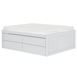 White platform bed with four storage drawers and a mattress, ideal for modern bedroom organization.