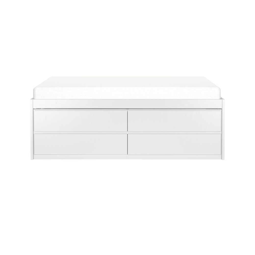 White modern bed frame with built-in storage drawers.