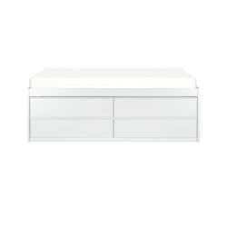 White modern bed frame with built-in storage drawers.