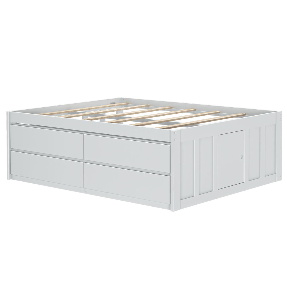 White wooden storage bed frame with drawers and a panel door for space-saving bedroom furniture solutions.