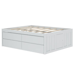 White wooden storage bed frame with drawers and a panel door for space-saving bedroom furniture solutions.