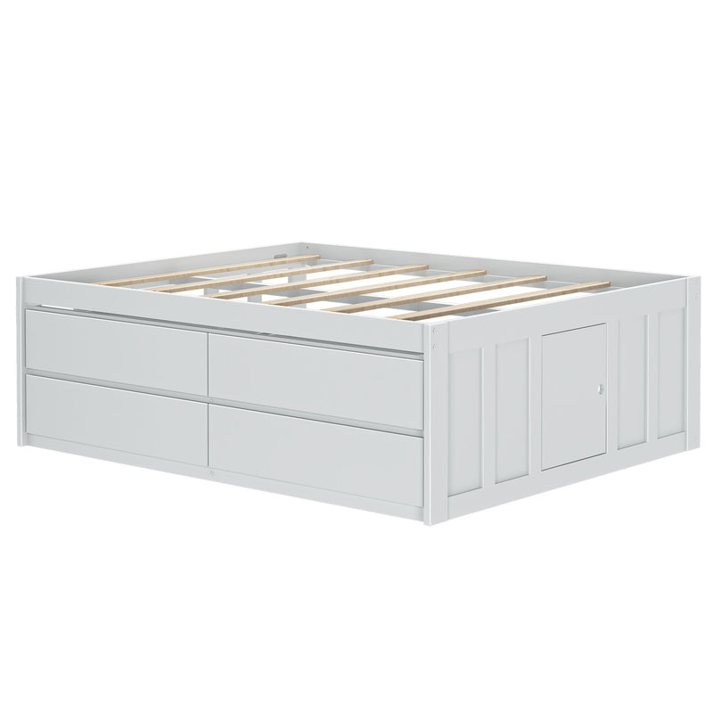 White wooden storage bed frame with drawers and a panel door for space-saving bedroom furniture solutions.