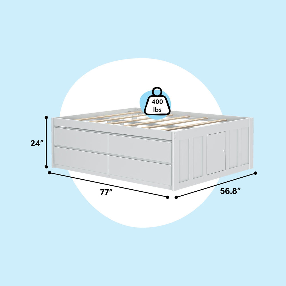 White wooden platform bed with storage drawers, dimensions 77 inches by 56.8 inches, and weight capacity of 400 lbs.