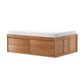 Walnut-finish solid wood platform storage bed with built-in drawers and white mattress topper