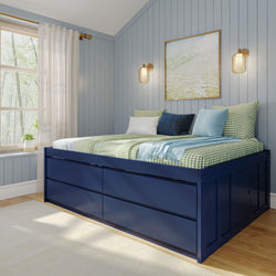 Stylish bedroom with blue paneled walls, wooden floor, and a cozy bed featuring green checkered bedding.