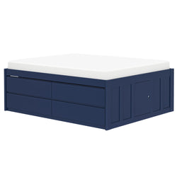Blue wooden platform bed with built-in storage drawers and white mattress.