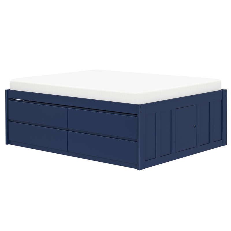 Blue wooden platform bed with built-in storage drawers and white mattress.