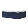 Navy blue wooden platform storage bed with white mattress and built-in drawers, modern bedroom furniture