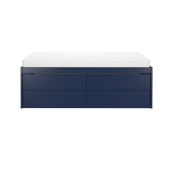 Blue daybed with storage drawers and white mattress, perfect for modern bedroom furniture.