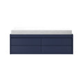 Modern navy blue storage dresser with white mattress topper and multiple drawers, modern bedroom furniture isolated on white background