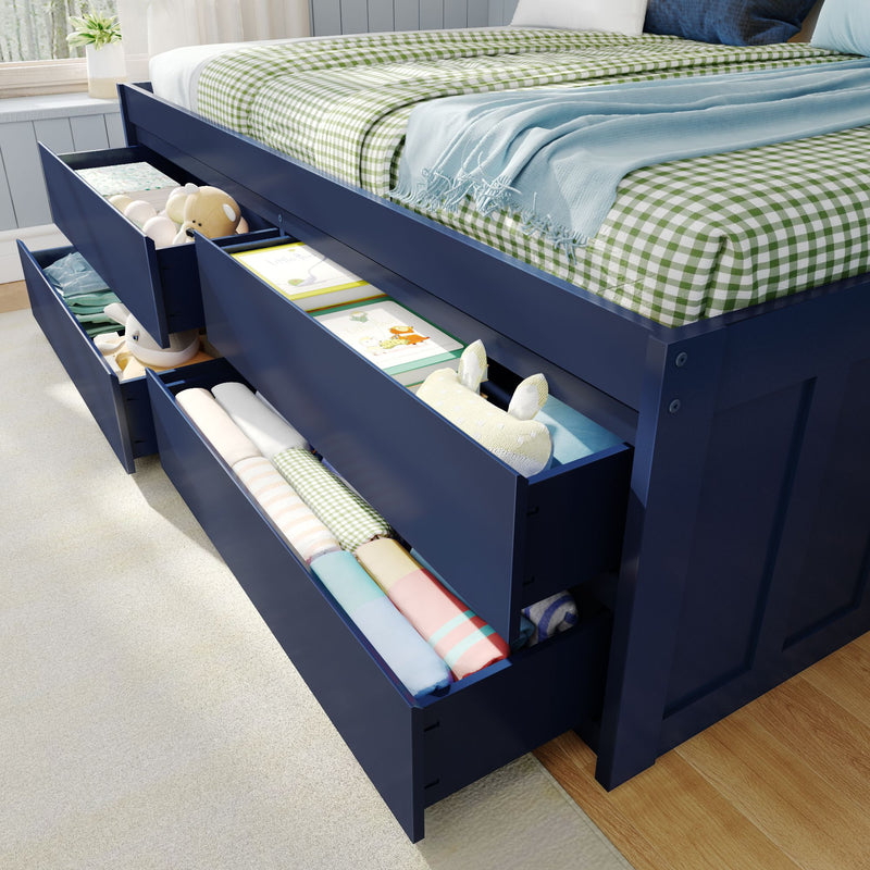 Blue storage bed with open drawers showcasing toys and neatly folded clothing, ideal for kids' bedroom organization.