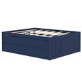 Navy blue platform storage bed frame with wooden slats and built-in drawers, modern space-saving bedroom furniture