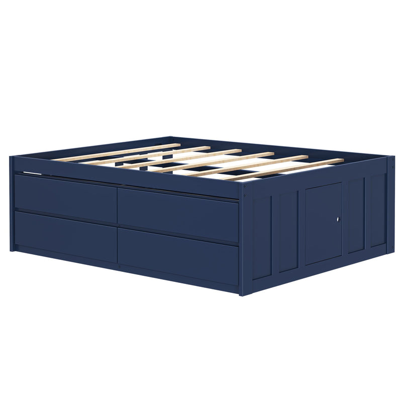 Navy blue platform storage bed frame with wooden slats and built-in drawers, modern space-saving bedroom furniture