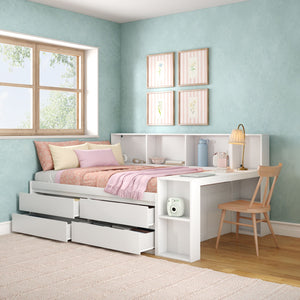Cozy pastel kids bedroom with white platform storage bed and pull-out drawers, pink bedding and throw, mint-green textured walls, natural wood window, framed floral prints and white study desk