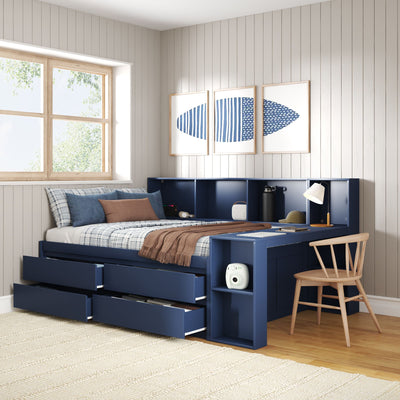 Navy storage bed with pull-out drawers and built-in desk shelving in a cozy modern bedroom with plaid bedding and wooden window