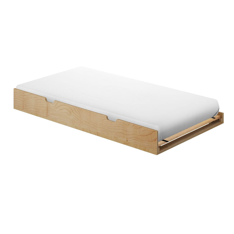 Wooden trundle bed with mattress for space-saving bedroom solutions.