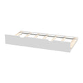 White trundle bed frame with wooden slats and metal support rails, underbed storage solution for space-saving bedrooms