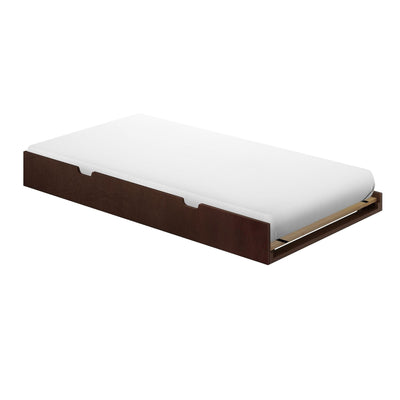 Dark brown wooden low-profile platform trundle bed with white mattress, modern minimalist under-bed storage for bedrooms