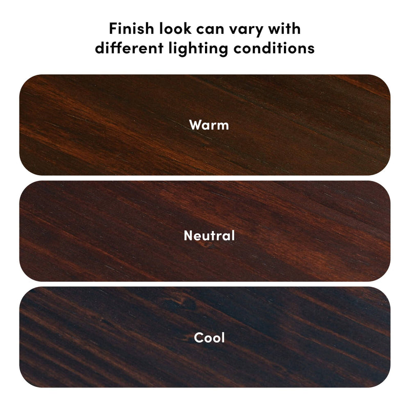 Three dark brown wood grain finish samples labeled "Warm," "Neutral," and "Cool" with the caption "Finish look can vary with different lighting conditions," illustrating wood stain color variation under different lighting for flooring and furniture