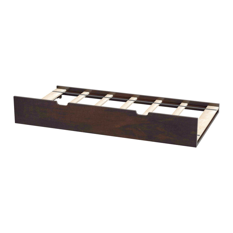 Dark brown wooden roll-out trundle bed frame with slatted base, casters and front cutouts for under-bed storage or extra mattress
