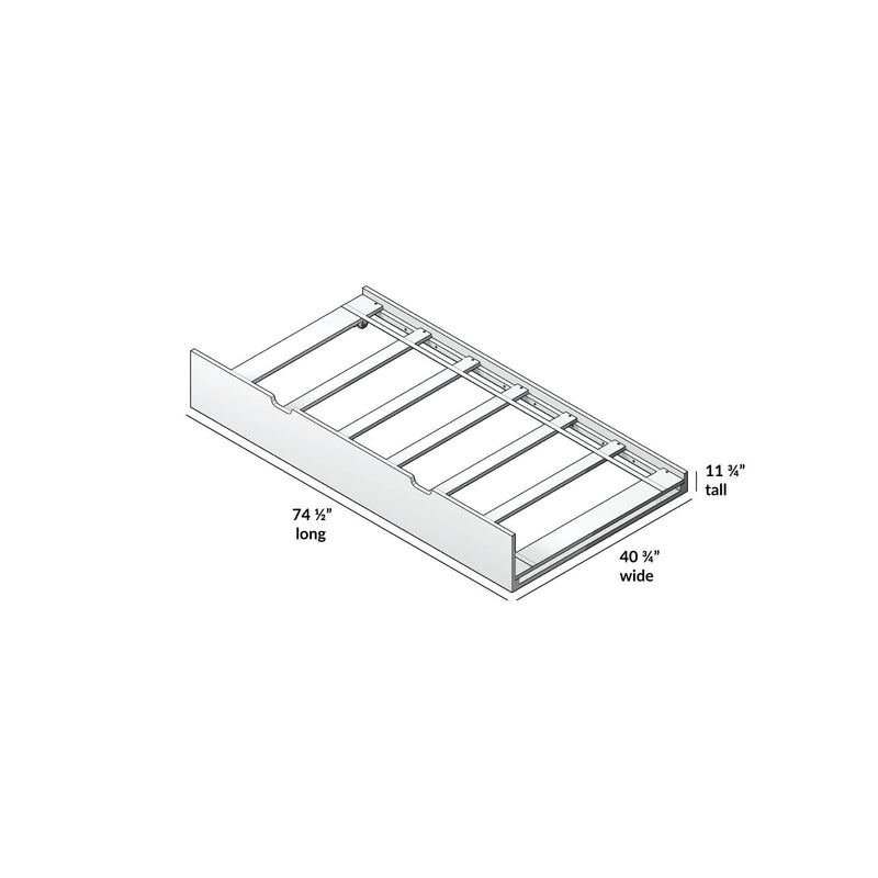 Wooden storage drawer dimensions, designed for bed frames, measuring 74 1/2 inches long, 11 3/4 inches tall, and 40 3/4 inches wide.