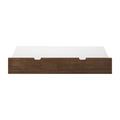Low-profile dark walnut platform bed base with integrated under-bed storage drawer and white mattress, modern bedroom furniture