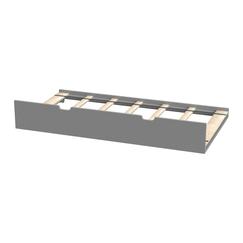 Grey under-bed storage drawer with wooden slats and cutout handles — platform bed frame storage solution