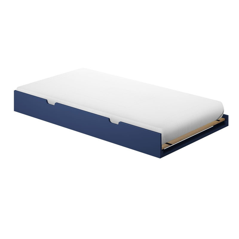 Blue pull-out trundle bed frame with a white mattress for space-saving bedroom solutions.